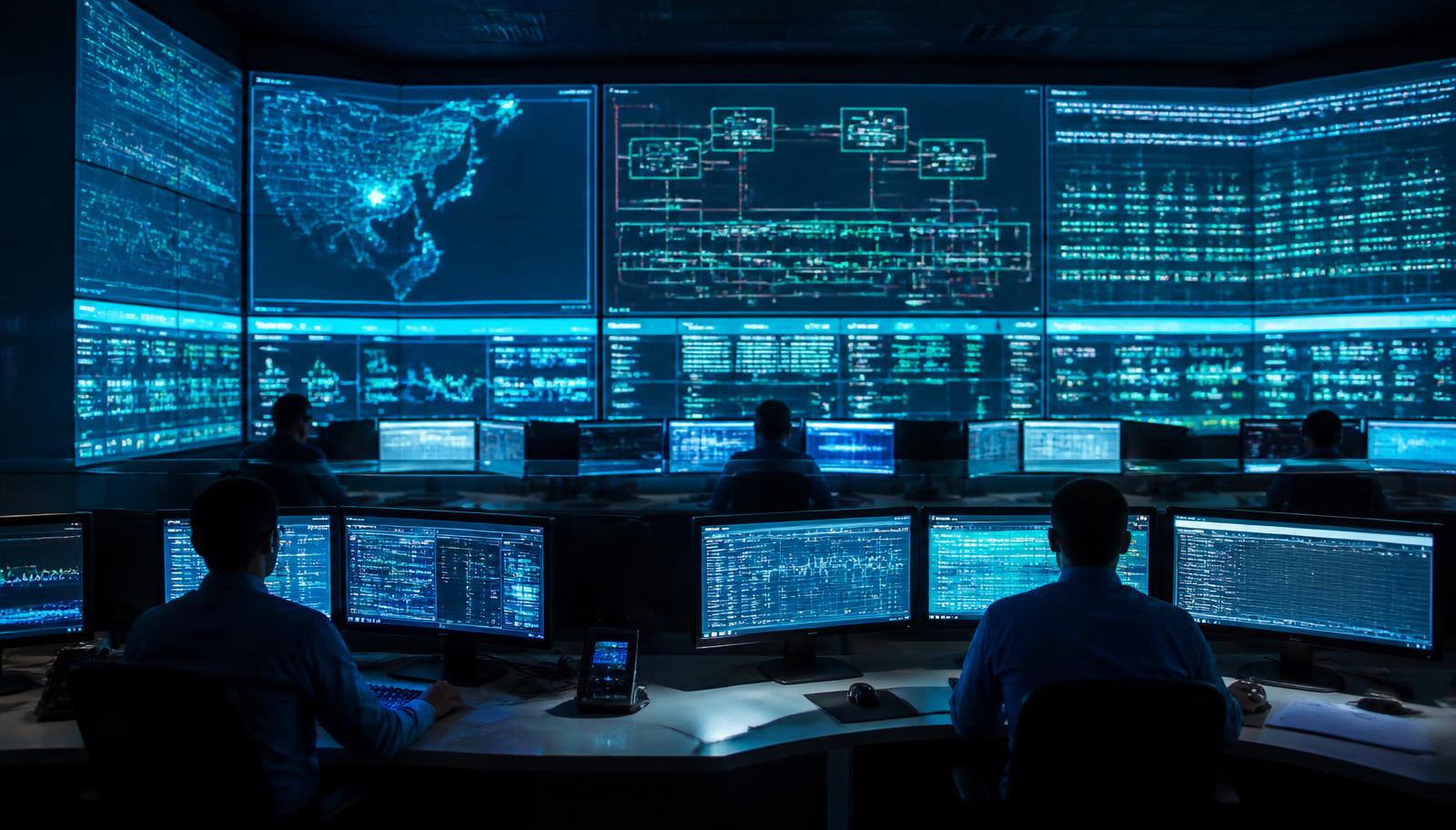 Operators monitoring live power system telemetry in a 24/7 control room