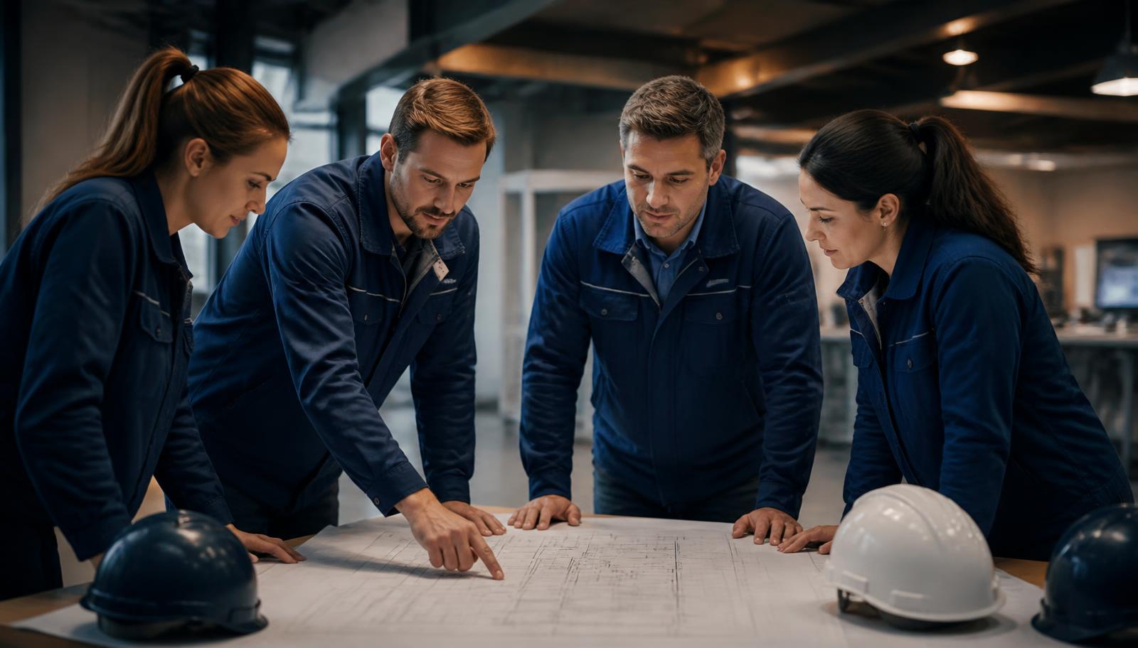 Engineers reviewing electrical single-line drawings for a modular power deployment